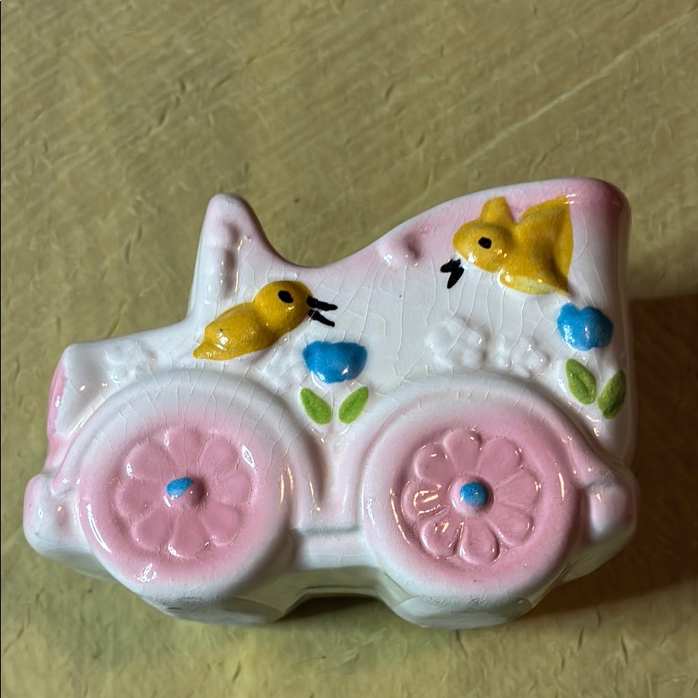 Vintage Pink Ceramic Baby Carriage/Car